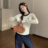 Yellow Striped Round-Neck Print Knitted Bottom Shirt Long-Sleeved Women Autumn And Winter Front Shoulder Design Feel Small Man Top