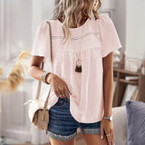 Independent Research And Development Design Round Collar Splicing Top 2025 Spring And Summer Loose Women's Shirt Pure Color