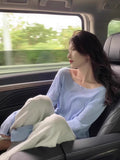 French Blue Long-Sleeved T-Shirt Girls In The Spring And Autumn To Put A Word On The Shoulder Knitted Bottom Shirt Cold Chic Blouse Early Spring