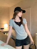Summer Design Fake Two Strapped Short-Sleeved T-Shirts 2026 Summer New Set-Up Chic Little Top