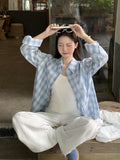 Blue Plaid Single-Row Buckle Polo Collar Long-Sleeved Shirt Women 2026 Early Autumn New Pocket Design Loose Top