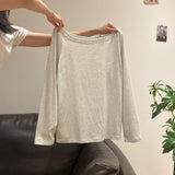 Gray Oblique Shoulder Long-Sleeved T-Shirt Girl Early Autumn Loose Word Shoulder Slack Feeling Hottie Sexy Unique Temperament Blouse