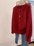 Gentle Atmosphere Feel The Slid Round Sweater Cardigan Women Autumn And Winter Life New Year Retro Red Soft Knitted Coat
