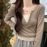 Cunct Button Bump Color Fake Two V-Neck Long-Sleeved T-Shirt Girls Spring And Autumn Slimming Hot Girls Short Bottom Shirt Top