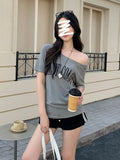 Pure Cotton Vintage Hottie Slanted Shoulder T-Shirt For Girls Summer 2025 New Loose Letter Print Top Ins