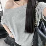 Pure Cotton Slant Shoulder Loose Word Collar Short-Sleeved T-Shirt Lazy Windy Shoulder Thin Set In The Spring Summer Blouse Woman