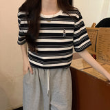 Striped Short-Sleeved T-Shirt Women's Loose Summer 2026 New Round Collar Embroidery Design With Thin Shirt