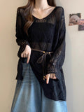 Lazy Wind Wearing A Hollow Knitted Shirt Women 2025 Spring And Summer Harvest In The Middle Of The Long Outer Hoodie Shirt Thin Sunscreen