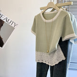Korean Fresh Lace Side Splicing Hollow Short-Sleeved T-Shirt For Women's Summer French Ice Collar Collar