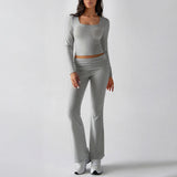 Dili 2025 Autumn And Winter Pure Color Casual Knitted Long-Sleeved Top Yoga Suit Two Pants Set