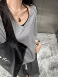 Lazy Boyfriend Wind Loose Deep V-Neck Half-Sleeved T-Shirt Girl Summer Leisure Long-Term Large Version Of The Pure Color Top Tide