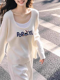 Unique To White Low-Necked Fake Two Knitted Shirt Girls Spring And Autumn Design Cartoon Print Long-Sleeved Top Sweater