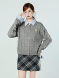 Grey POLO Collared Two Long-Sleeved Knitted Sweater Jacket Bottomed With Spring Blouse Woman