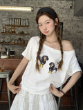 Dachshund Printed Oblique Shoulder Design Short-Sleeved T-Shirt For Women's New Open Shoulder Loose Top In The Summer Of 2026
