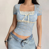Dili Y2K Sexy Style Lace Short-Sleeved Women's Vest T-Shirt Women's Dress 2025 Summer