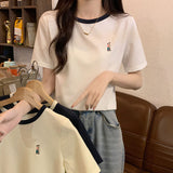 Design-Sensitive Small Embroidered Short-Sleeved Top Women 2026 Summer New Waffle Round Collar Straight Shoulder T-Shirts