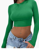 Global YS Women's Explosive Women's Sexy Hot Girl Pure Color Round Collar Body Open Umbilical Long-Sleeved T-Shirt Women's Clothing