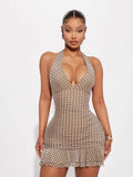 New Modern Print Hanging Neck Repair Sexy Wave Point Waist Lace-Buffed Short Dress Dress Dress Woman