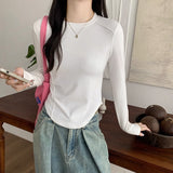 Early Autumn New Round Collar Shoulder Long-Sleeved T-Shirt Woman With Design Curved Hem Fish Bone Top