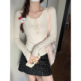 Early Autumn French Lace Lace Tie With Long-Sleeved Knitted Shirt For Women's Short Texture Sweater