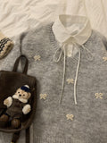 Autumn Soft Glutinous Jace Bow V-Neck Gray Sweater Sweet Loose Lazy Knitted Shirt Winter