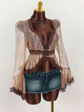 New Lace Splicing Pure Desire To See Hollow Waist Repair Sexy V Horn Sleeve Top Woman