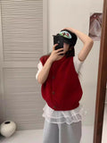 Ankola Red Folded Knitted Sweater Vest Vest For Women's Autumn And Winter Outside The Shoulder Loose Short Horse Clip Small Vest