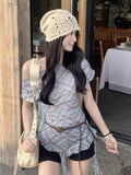 Irregular Ribbon Lattice Oblique Shoulder T-Shirt Girls Summer Vintage Checkered Waist Repair Cic Single Special To Short-Sleeved Top