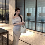 Slanted Collared Shoulder Sexy Waist Temperament Folded Dress French Dress Long Dress Summer Senior Sense