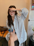 Korean Bow Print Blue Vertical Striped Shirt Women's Autumn Chic Lazy Long-Sleeved Coat Thin