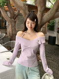 Pure Desire To Put A Word Shoulder Hanging Shoulder Hanging Long-Sleeved Knitted Shirt Women 2026 Autumn Irregular Cross Splicing Top