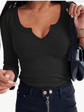 Spring And Winter Pure Color Pit Deep U Collar Long-Sleeved Casual Fashion Women's T-Shirt Spicy