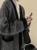 Old Money Wind Dark Gray Mixed V Collar Big Sweater Cardigan Languized High Sense Loose Knitting Coat Fall 2025