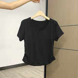 Milk Yellow White Sweet Hottie Low-Necked Short-Sleeved Woman Shoulder T-Shirt Summer Design Folds To Receive Collarbone Top