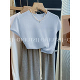Summer Blue Little Flying Sleeve Ice Silk Knitted Short-Sleeved T-Shirt Femininity Slime Straight Shoulder Unique Beautiful Top