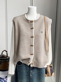 Ladies Literary And Artistic Solid-Colored Cardigan Vest Spring And Autumn Loose Stacked Vest Wearing Round Collared Hornwood Knitted Jersey Clip