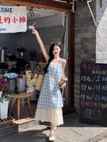 Blue Lattice Dress Dress Dress Dress Women Summer New Fake Two Splicing Lace Niche Design Long Dress