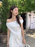 White Irregularly Short-Sleeved T-Shirt Girl 2026 Summer Super Look Ootd Repair Angle Shoulder Coat