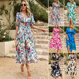 Dili Design Dress 2025 Summer Temperament To Close The Waist Deep V Collar Print Long Dress