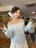 Pure Desire A Word Shoulder Gray Angle Shoulder Long-Sleeved T-Shirts For Women's Autumn Loose Bottom Shirt Languid Chic Beauty Top