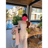 Early Autumn New French Romantic Pink Floral Sling Dress Women's 2025 Summer Mesh To Close The Waist Open Fork Mid-Long Dress