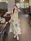 Hong Kong Style Retro Chic Printed Dress Women's Summer High-End Temperament Hanging Super Good-Looking Sleeveless Vest Long Dress
