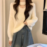 White Hanging Neck Horse Hair Sweater Women Autumn And Winter V Collar With Knitted Bottom Shirt Soft Porridge Velvet High-End Top