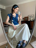 French Flowers With Blue Small Flying Sleeve Knit T-Shirt For The Summer 2025 New Slime Sleeveless Top