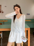 Summer Bows Outside The Blue Striped Long-Sleeved Girl Korean Thin Hoodie Loose Lazy Top