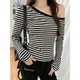 Pure Slanted Shoulder Sexy Stripe Shoulder Long-Sleeved T-Shirt Girl Early Autumn New Design Sense Of Small Body Bottom Top