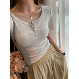 Simple Solid Color Short-Sleeved Button T-Shirt Girl Summer 2025 New Hot Girl Set Up Shoulder Short Top Tide