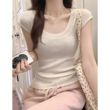 White U-Collar Ice Silk Knitted Short-Sleeved T-Shirt For Girls Summer Thin Necktip Pure Hot Girl Style Short Blouse