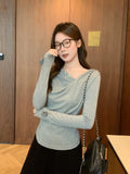Apricot Out Shoulder Collar Long-Sleeved T-Shirt Girl 2026 Autumn Sweet Hottie Design Folded Waist One-Word Shoulder Coat