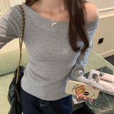 Flower Ash Pure Knitted Bottom Shirt Girl Autumn Soft-Claw Shoulder Sleeve Sweater Slim Thin Inside Top
